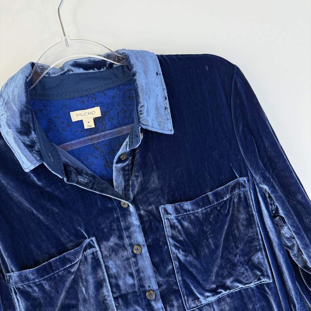 Pilcro Velvet Button Down Shirt Womens Medium Navy Blue Long Sleeve Pockets - Picture 4 of 11